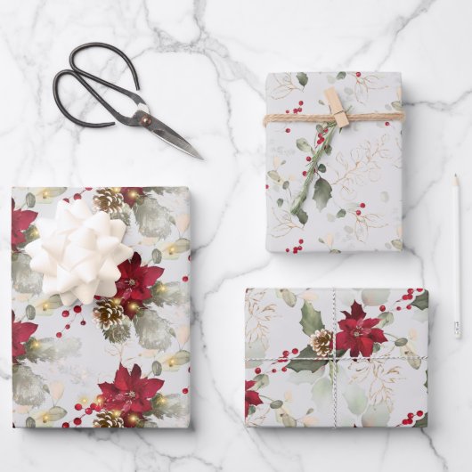 Eleganter Poinsettia & Eukalyptus Glitzer Weihnach Geschenkpapier Set (Vorderseite)