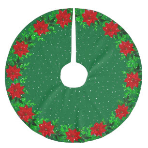 Eleganter Poinsettien-Blumenkranz auf Grün Polyester Weihnachtsbaumdecke