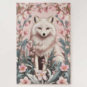 Eleganter Polarfuchs Rosa Blüten Puzzle