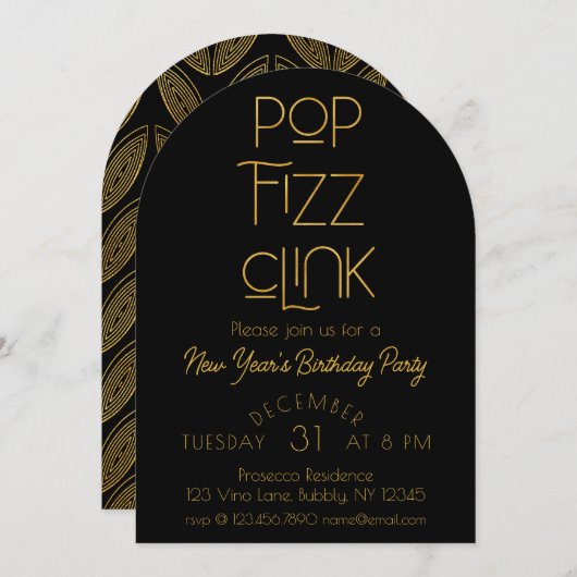 Eleganter Pop Fizz Clink Neujahrsparty Einladung (Vorne/Hinten)