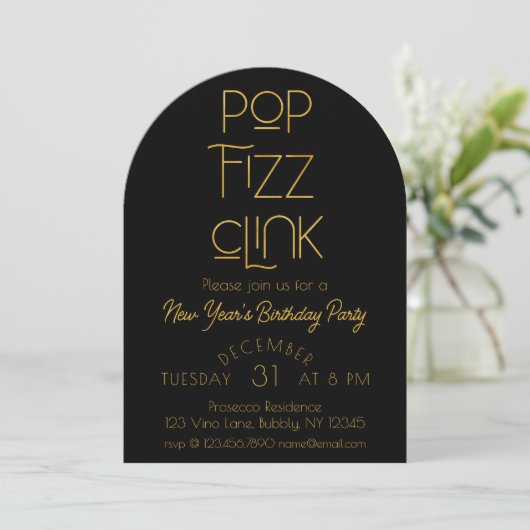 Eleganter Pop Fizz Clink Neujahrsparty Einladung (Stehend Vorderseite)