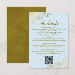 Eleganter Powder Blue & Gold Wedding QR Code Detai Begleitkarte