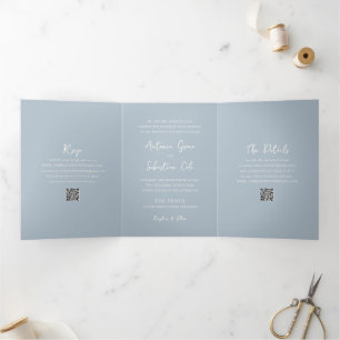Eleganter Powderblauer QR-Code Moderne Hochzeit Dreifach Gefaltete Einladung