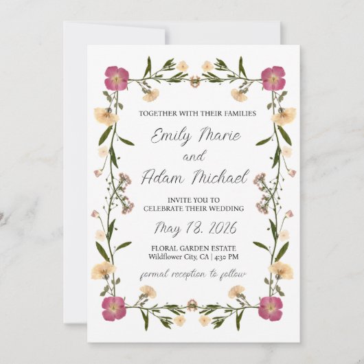 Eleganter Pressed Wildblume Garden Boho Wedding Einladung (Vorderseite)