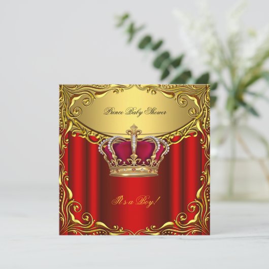 Eleganter Prince Baby Shower Regal Red Gold Boy Einladung (Stehend Vorderseite)