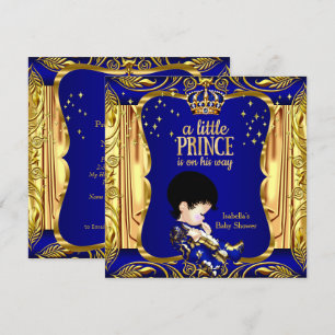 Eleganter Prinz Baby Shower Blau Gold Brünette Einladung