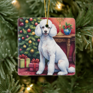 Eleganter Pudel neben Weihnachtsbaum Feiertags Hun Keramikornament