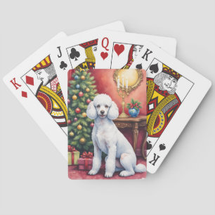 Eleganter Pudel neben Weihnachtsbaum Feiertags Hun Spielkarten