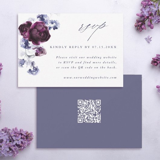 Eleganter Pum Lila & Indigo Blue Floral QR Code RSVP Karte