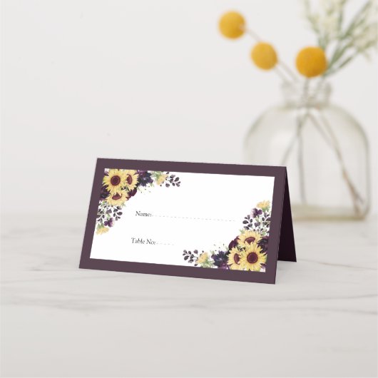 Eleganter Pum Lila Sunflower Watercolor Empfang Platzkarte (Vorderseite)