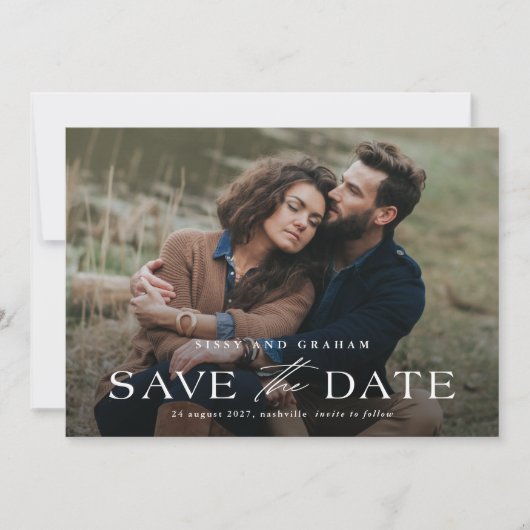 Eleganter QR Code 2 Foto Hochzeit Save The Date (Vorderseite)