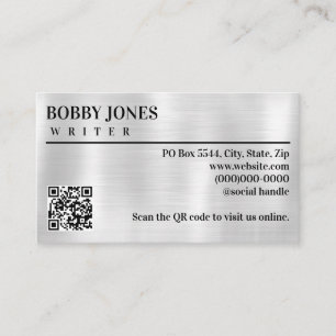 Eleganter QR-Code aus gebürsteter Silberfolie und Visitenkarte