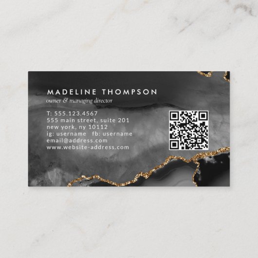 Eleganter QR Code Black Gold Marble Agate Geode Visitenkarte (Rückseite)