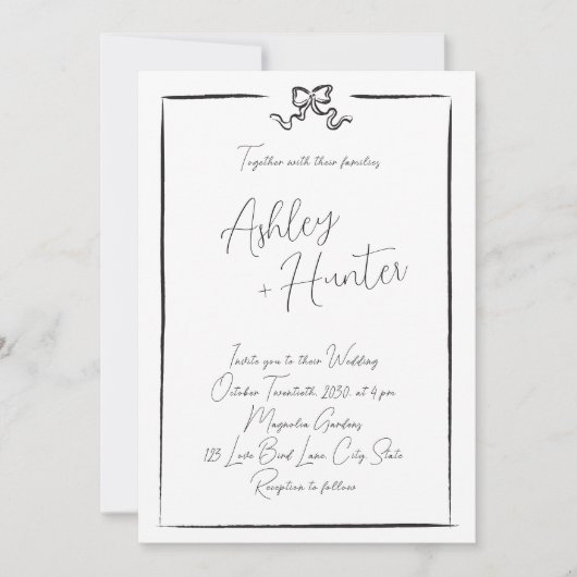 Eleganter QR Code Black Hand Drawn Bow Einladung (Vorderseite)