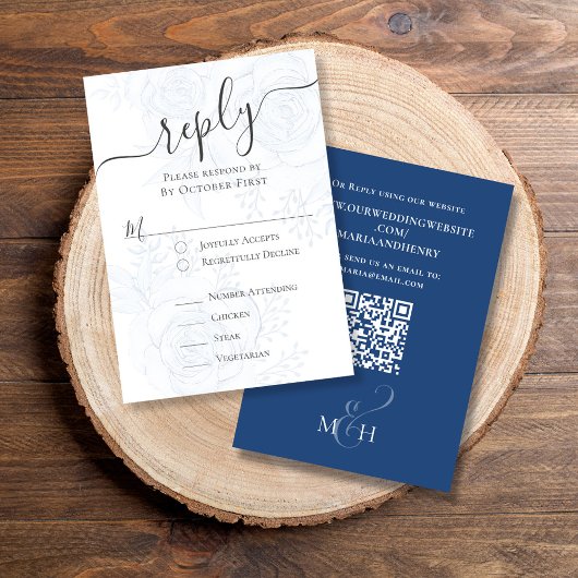 Eleganter QR Code Blaue Flora Klassische Speisen RSVP Karte