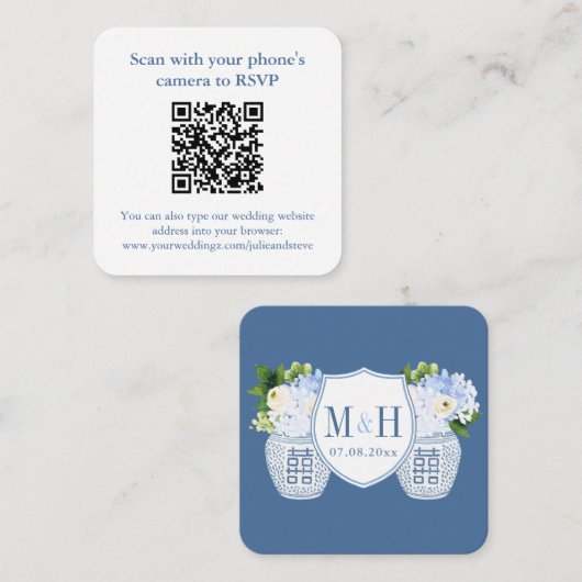 Eleganter QR Code Blue White Wedding RSVP Begleitkarte (Vorne/Hinten)