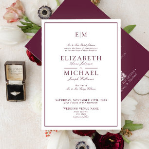 Eleganter QR Code Burgundy Classic Monogram Weddin Einladung