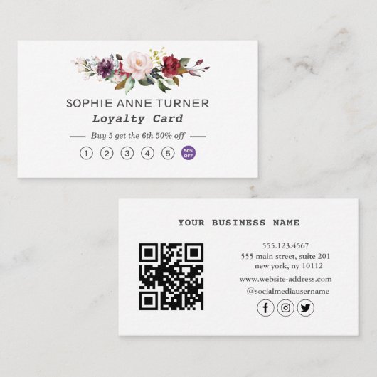 Eleganter QR Code Burgundy Pink Floral Beruflich Treuekarte (Vorne/Hinten)