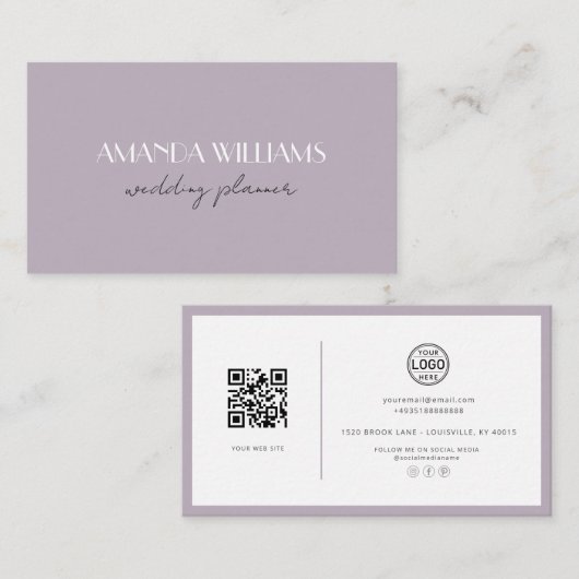Eleganter QR Code Card Social Lavender Business Ca Visitenkarte (Vorne/Hinten)