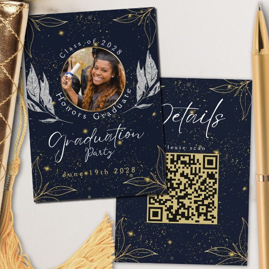 Eleganter QR-Code der Navy Gold Graduation Party Begleitkarte