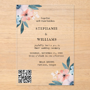 Eleganter Qr Code   Dusty Blue Floral Wedding Acryleinladungen