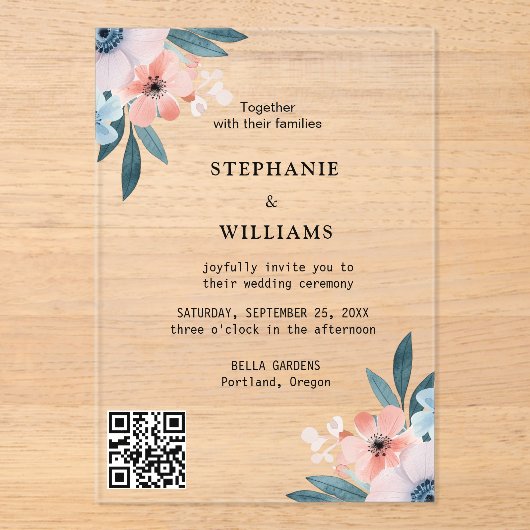 Eleganter Qr Code | Dusty Blue Floral Wedding Acryleinladungen (Vorderseite)