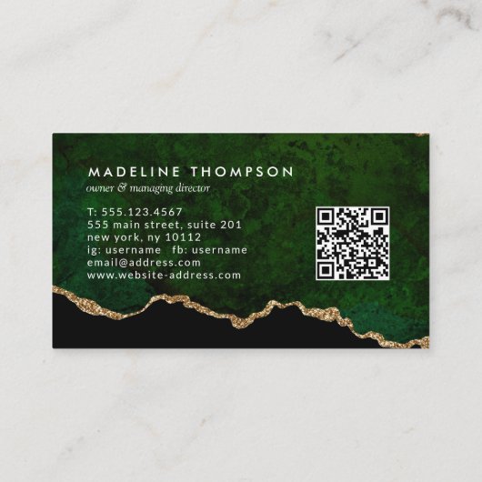 Eleganter QR Code Emerald Green Marble Agate Geode Visitenkarte (Rückseite)