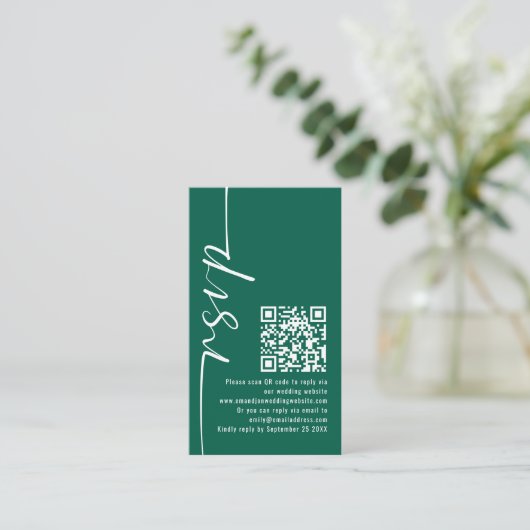 Eleganter QR Code Emerald Wedding RSVP Begleitkarte (Stehend Vorderseite)