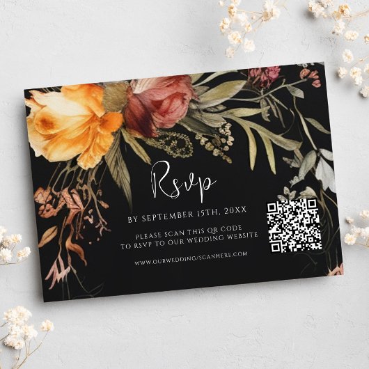 Eleganter QR Code Floral Black Wedding RSVP Karte
