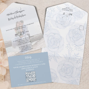 Eleganter QR-Code Florales RSVP Online Staubblau All In One Einladung