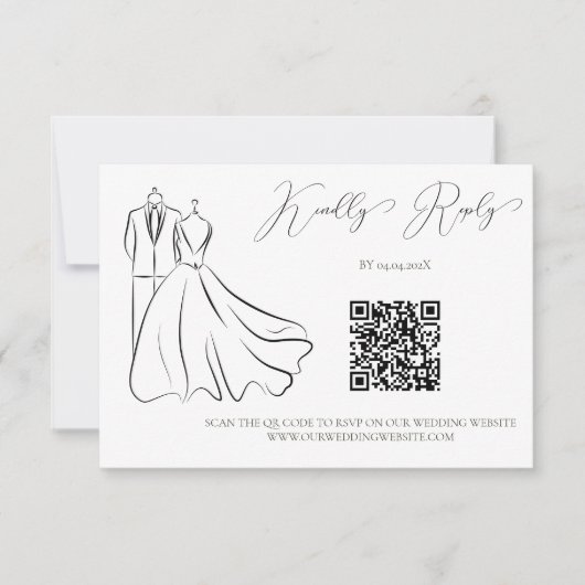 Eleganter QR Code für B&W Tux & Dress Wedding RSVP Karte (Vorderseite)