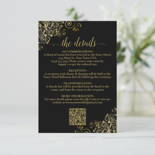 Eleganter QR-Code für Black & Gold-Hochzeiten Begleitkarte (Stehend Vorderseite)