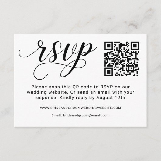 Eleganter QR-Code für Black Script Wedding RSVP Karte (Vorderseite)
