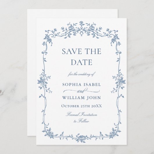 Eleganter QR-Code für Blue Toile Floral Wedding Save The Date (Vorne/Hinten)