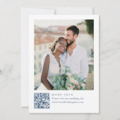 Eleganter QR-Code für Blue Toile Floral Wedding Save The Date (Rückseite)