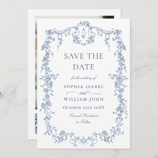 Eleganter QR-Code für Blue Toile Floral Wedding Save The Date (Vorne/Hinten)