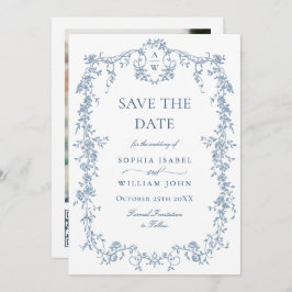 Eleganter QR-Code für Blue Toile Floral Wedding Save The Date