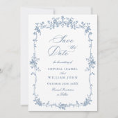 Eleganter QR-Code für Blue Toile Floral Wedding Save The Date (Vorderseite)