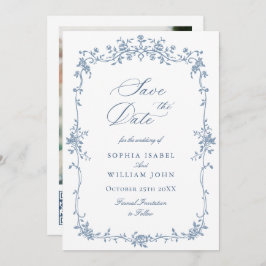 Eleganter QR-Code für Blue Toile Floral Wedding Save The Date
