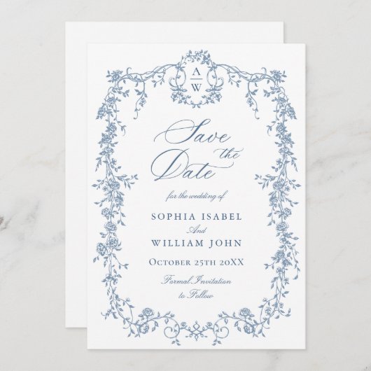 Eleganter QR-Code für Blue Toile Floral Wedding Save The Date (Vorne/Hinten)