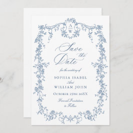 Eleganter QR-Code für Blue Toile Floral Wedding Save The Date