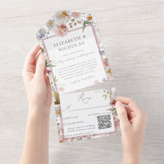 Eleganter QR-Code für Blumenhochzeiten All In One Einladung (Abreißen)