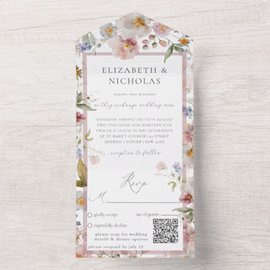 Eleganter QR-Code für Blumenhochzeiten All In One Einladung (Innen Boden)