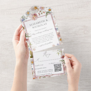 Eleganter QR-Code für Blumenhochzeiten All In One Einladung