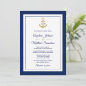 Eleganter QR-Code für Navy Blue Gold Nautical Wedd Einladung (Stehend Vorderseite)