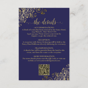 Eleganter QR-Code für Navy Blue & Gold Wedding Begleitkarte