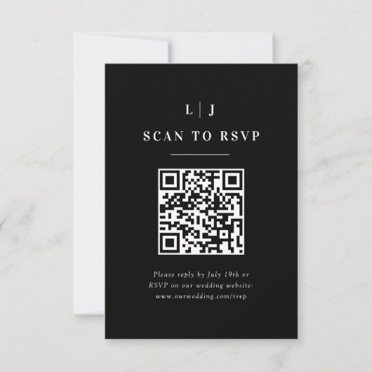 Eleganter QR-Code für Schwarz-Weiß-Hochzeiten RSVP Karte (Vorderseite)