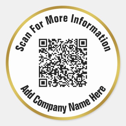 Eleganter QR-Code für Schwarz-weiße Goldtextsuche Runder Aufkleber (Vorderseite)