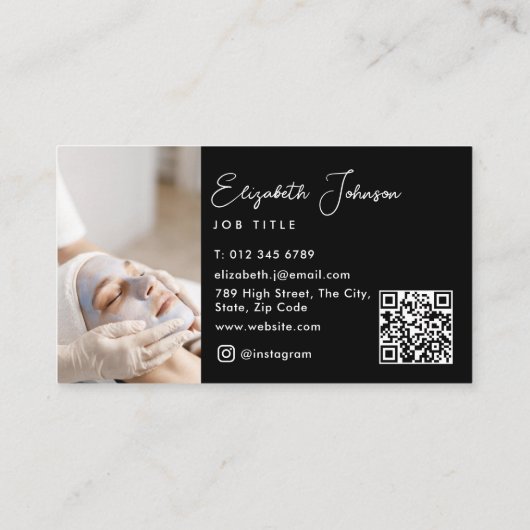 Eleganter QR-Code für schwarzes und weißes Script Visitenkarte (Rückseite)