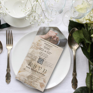 Eleganter QR-Code für Vintage Blütenblätter All In One Einladung